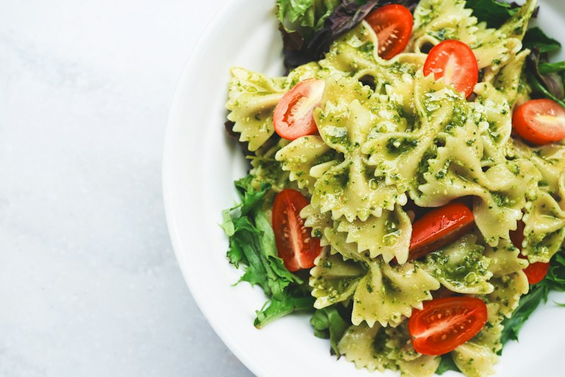 Pesto pasta with fresh basil and cherry tomatoes